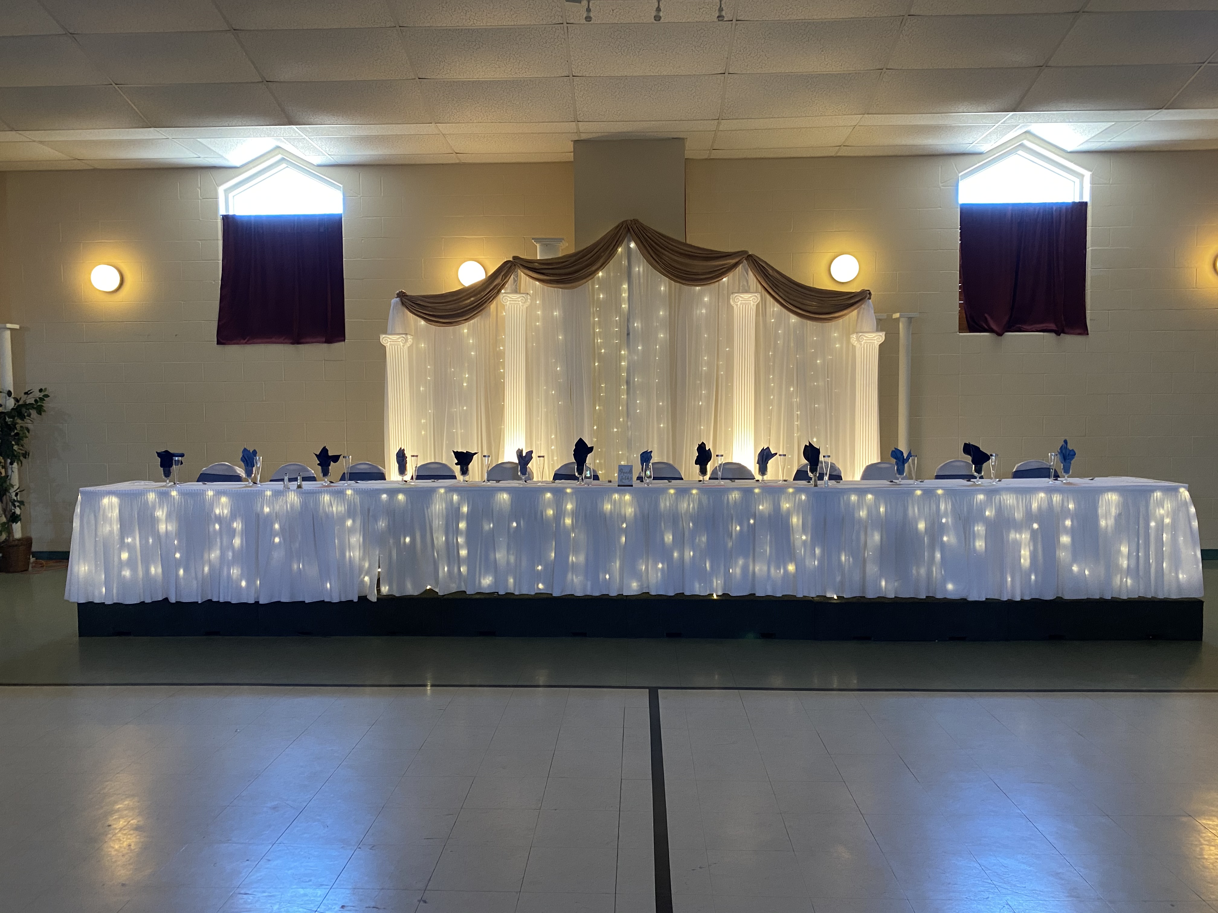Cascading 13' Backdrop Sheer White with Lighted Columns and Mini Lights and Iridescent Crush Camel Accent Drape and Lighted Skirting