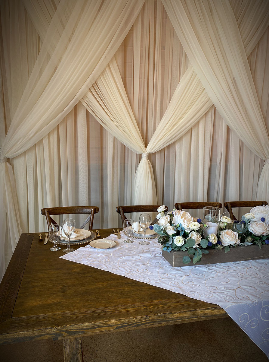 Sheer Ivory Backdrop With Sheer Ivory Front Layer Crisscrossed